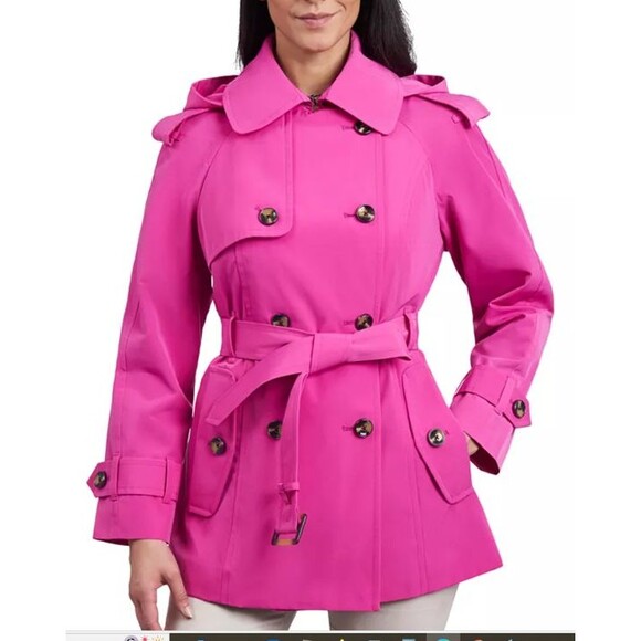 London Fog WOMEN PINK CERISE MEDIUM Double Breasted Hooded Belted Trench Coat - Picture 1 of 6